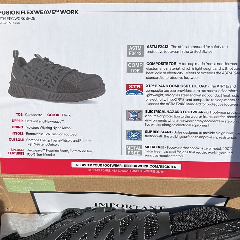 Reebok Black Fusion Flexweave Athletic Work Shoe Size 8 Wide - Picture 4 of 5